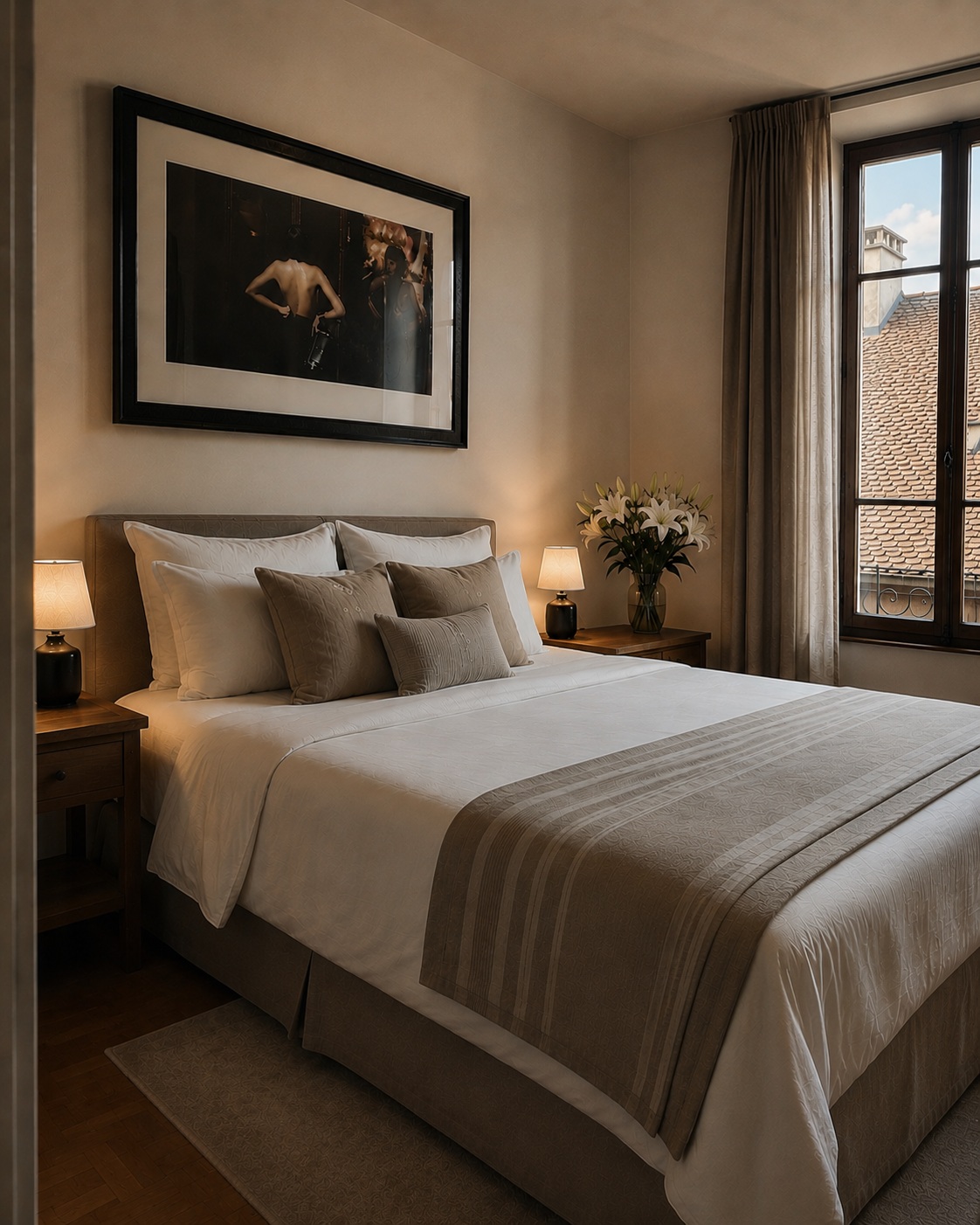 A calm bedroom in the Annecy residence with linen bedding, framed photograph and tall window opening to the rooftops
