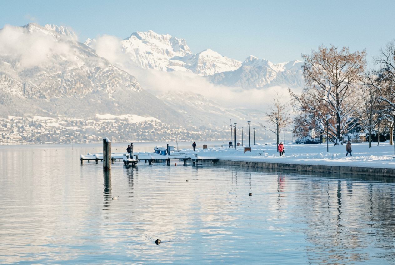 Lake Annecy in winter, snow on the jetty and the Alps rising beyond a calm reflective surface
