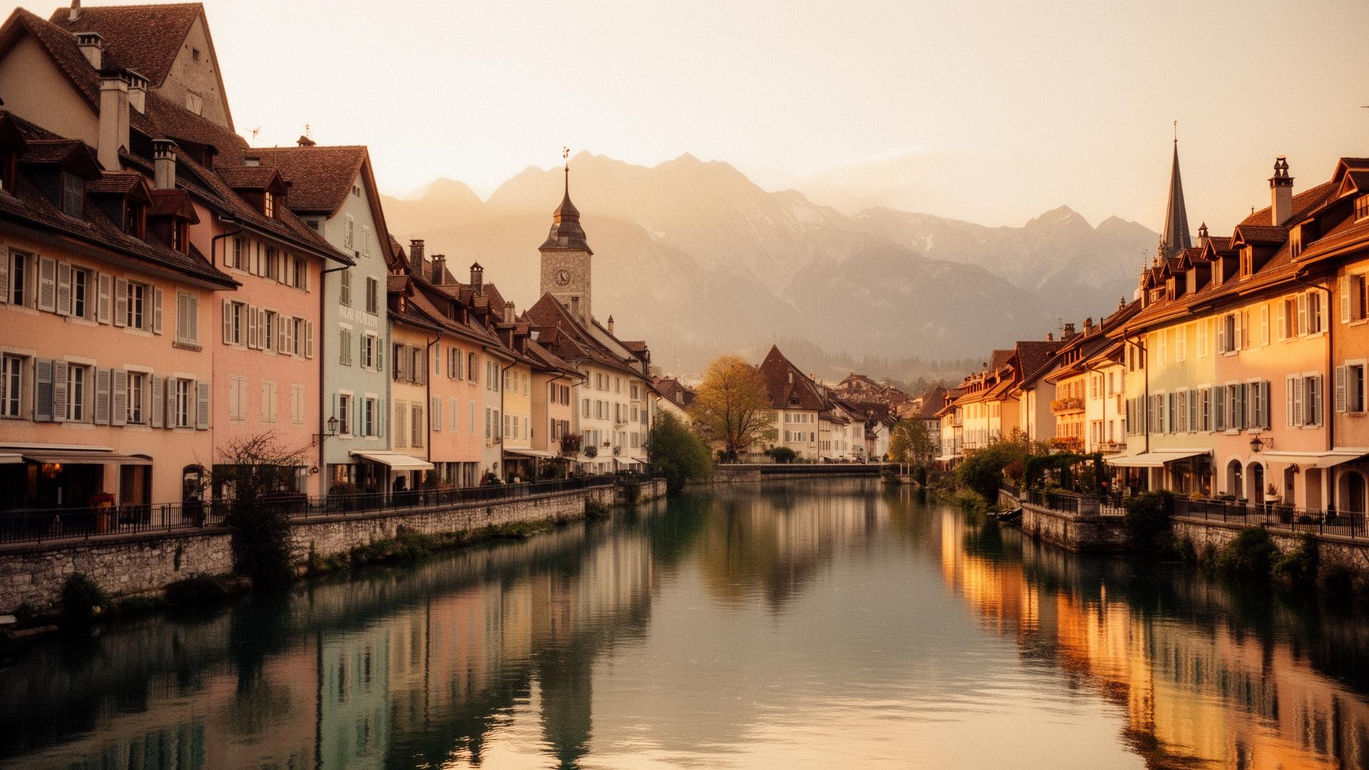 Annecy old town reflected in the canal at golden hour with alpine mountains beyond