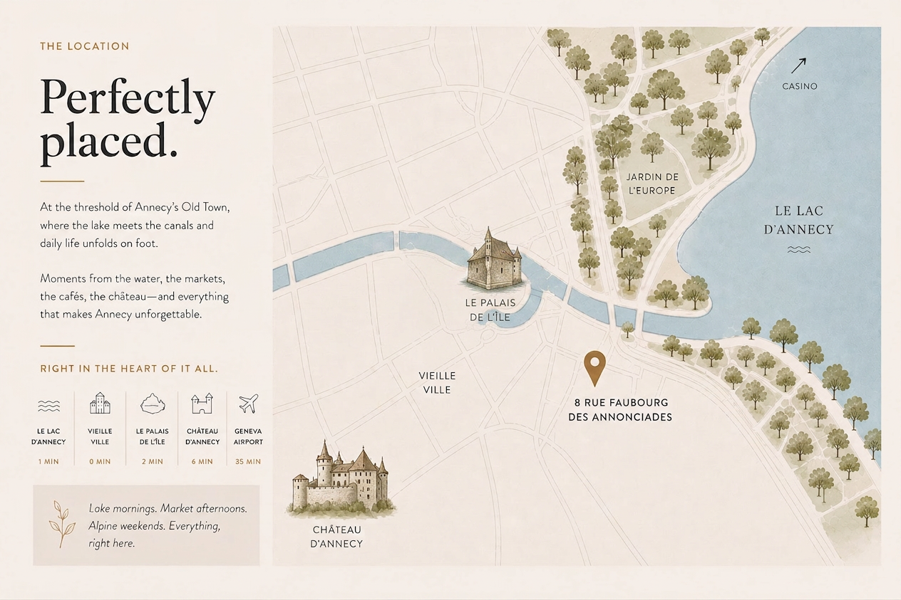 Illustrated editorial map of Annecy - the residence at the threshold of the Old Town, between the lake, the canals and the château.