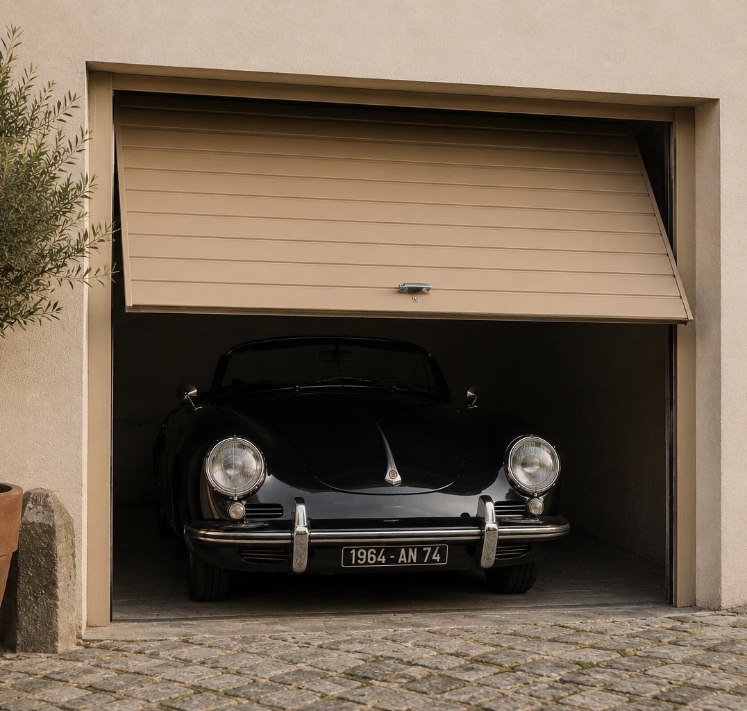 A vintage car resting in a quiet Annecy garage at dusk