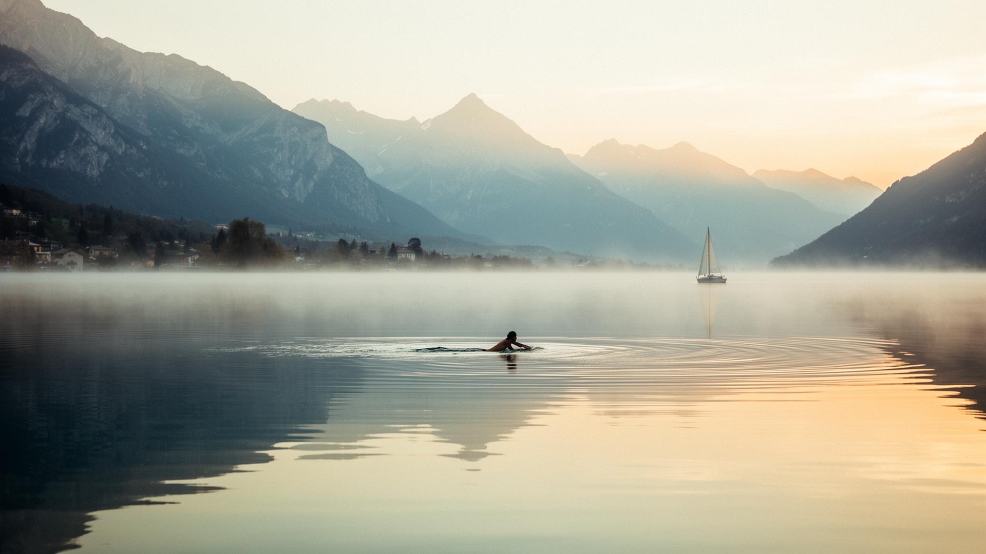 A lone swimmer at sunrise on Lake Annecy, mist drifting across still water with alpine mountains beyond